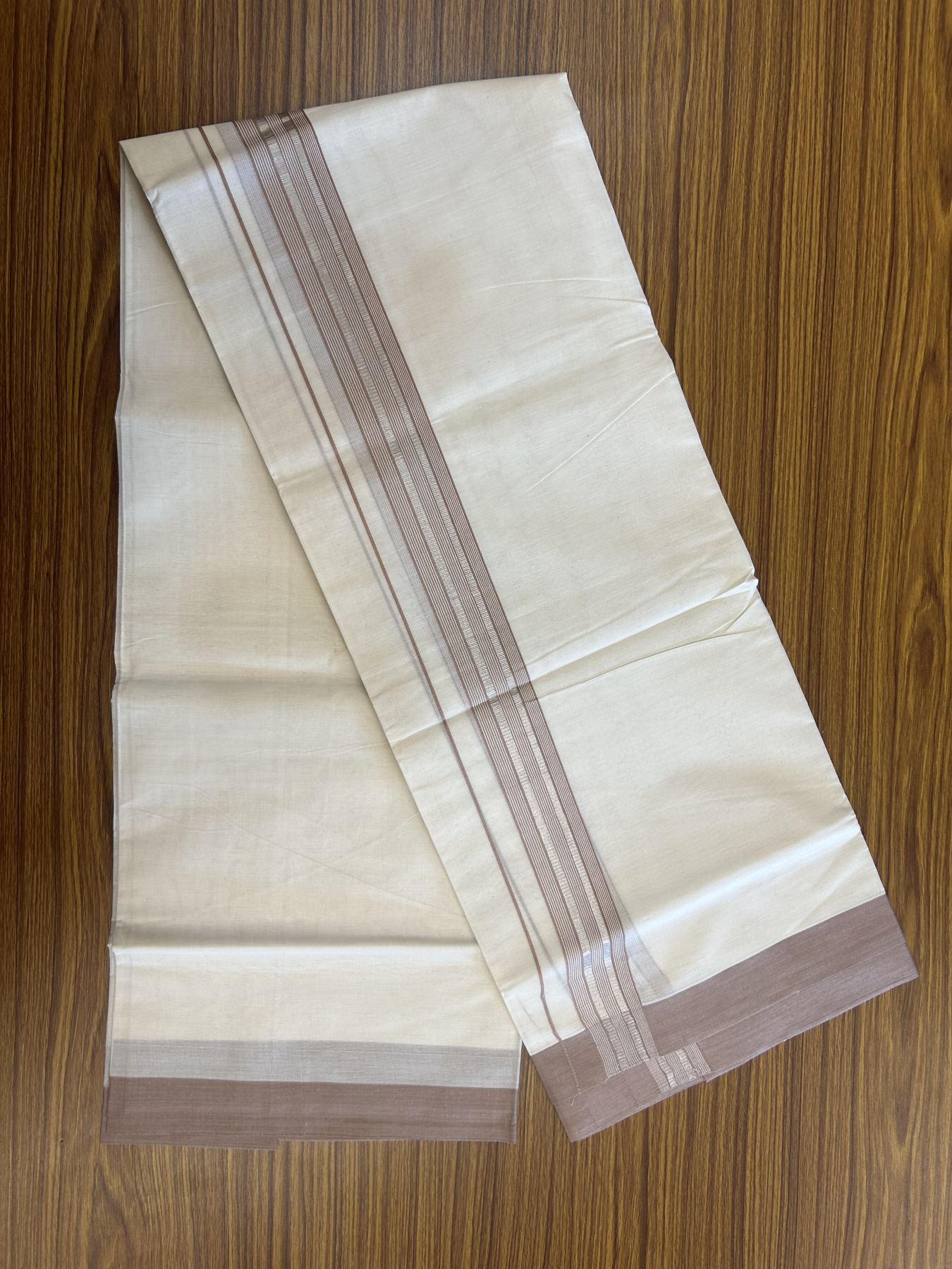20% Discount !! KaithariKada Balaramapuram Double Off White (Unbleached) Mundu/Dhoti - 100x80 - 1.25 inch Light Brown & Silver Striped kara 3.90 mtr (8 muzham) - 12 KK5313 PMC