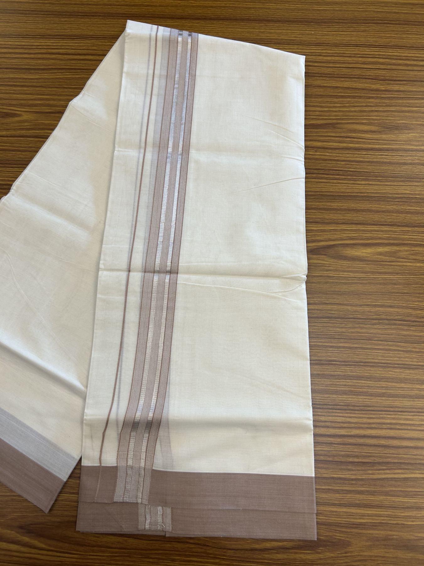 20% Discount !! KaithariKada Balaramapuram Double Off White (Unbleached) Mundu/Dhoti - 100x80 - 1.25 inch Light Brown & Silver Striped kara 3.90 mtr (8 muzham) - 12 KK5313 PMC