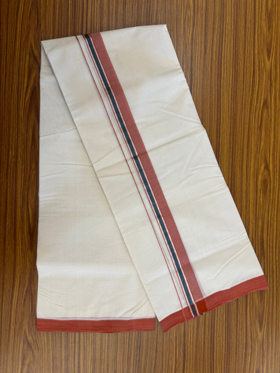 25% Discount ! KaithariKada Handloom Millpaav Balaramapuram - 100% PURE Cotton OFF White (Unbleached) Double Mundu/Dothi - 80x90 - 1.5 inch Silver Kasav Peacock Blue & Brick Orange Shaded Striped Kara 4 Meters (8.5 Muzham) - 32 KK5256 RAM