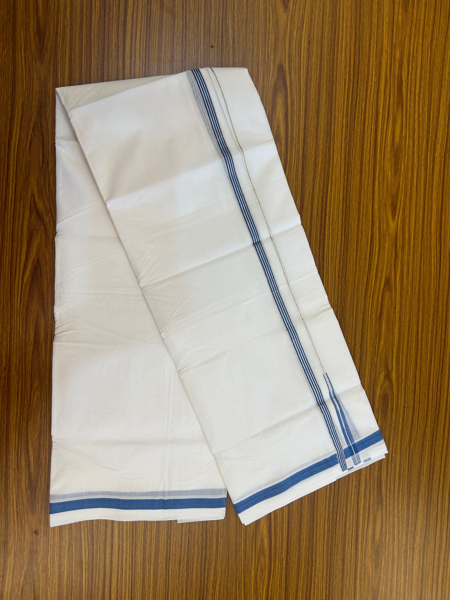25% Discount ! KaithariKada Handloom Unakkupaav - Kerala Handloom - 100% Pure Cotton Double Mundu/Dhoti Pure white - 80x90 - 1.5 cm Silver Kasav & Blue Stripes Chutty Kara 3.80 mtr (8 Muzham) - 34 KK5369 YAR
