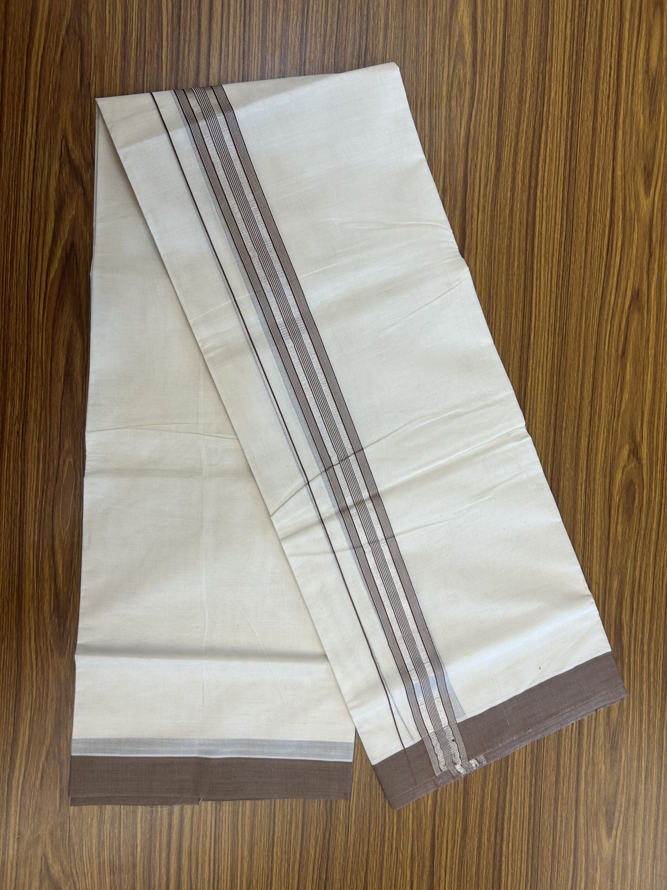 20% Discount !! KaithariKada Balaramapuram Double Off White (Unbleached) Mundu/Dhoti - 100x80 - 1.25 inch Brown & Silver Striped kara 3.90 mtr (8 muzham) - 13 KK5313 PMC
