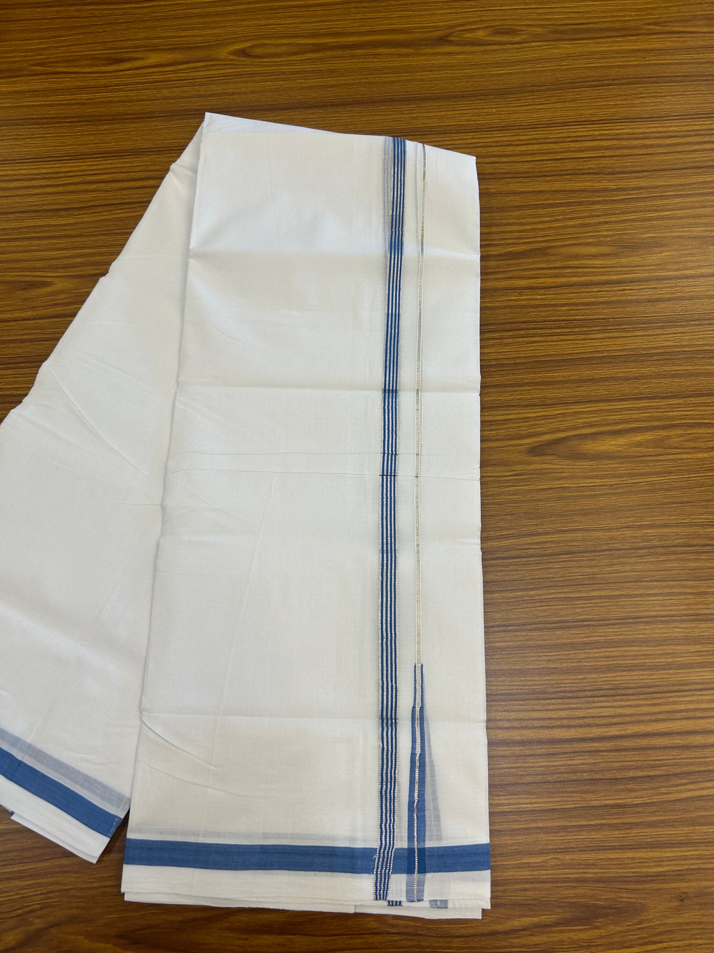 25% Discount ! KaithariKada Handloom Unakkupaav - Kerala Handloom - 100% Pure Cotton Double Mundu/Dhoti Pure white - 80x90 - 1.5 cm Silver Kasav & Blue Stripes Chutty Kara 3.80 mtr (8 Muzham) - 34 KK5369 YAR