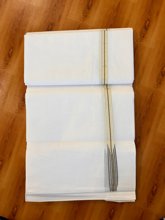 Double Pure white Mundu/Dhoti - 20% Discount! KaithariKada Pulimood- 100% Cotton - 100x100 - 1 inch Puliyilakkara Gold Kasav & Ash Grey 12 Line Chutty 4 m (8.5 muzham) - 21 KK5534 ASH