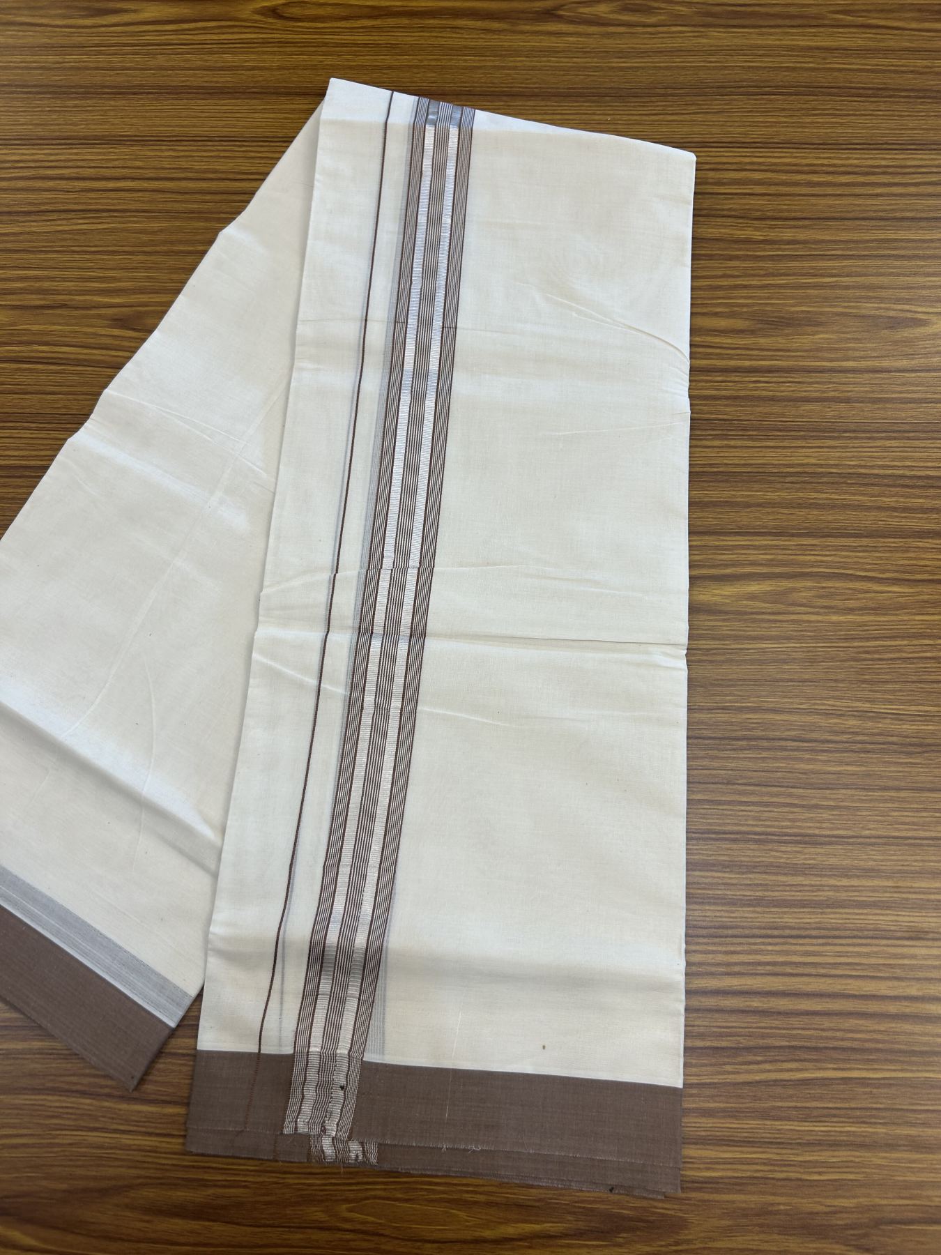 20% Discount !! KaithariKada Balaramapuram Double Off White (Unbleached) Mundu/Dhoti - 100x80 - 1.25 inch Brown & Silver Striped kara 3.90 mtr (8 muzham) - 13 KK5313 PMC