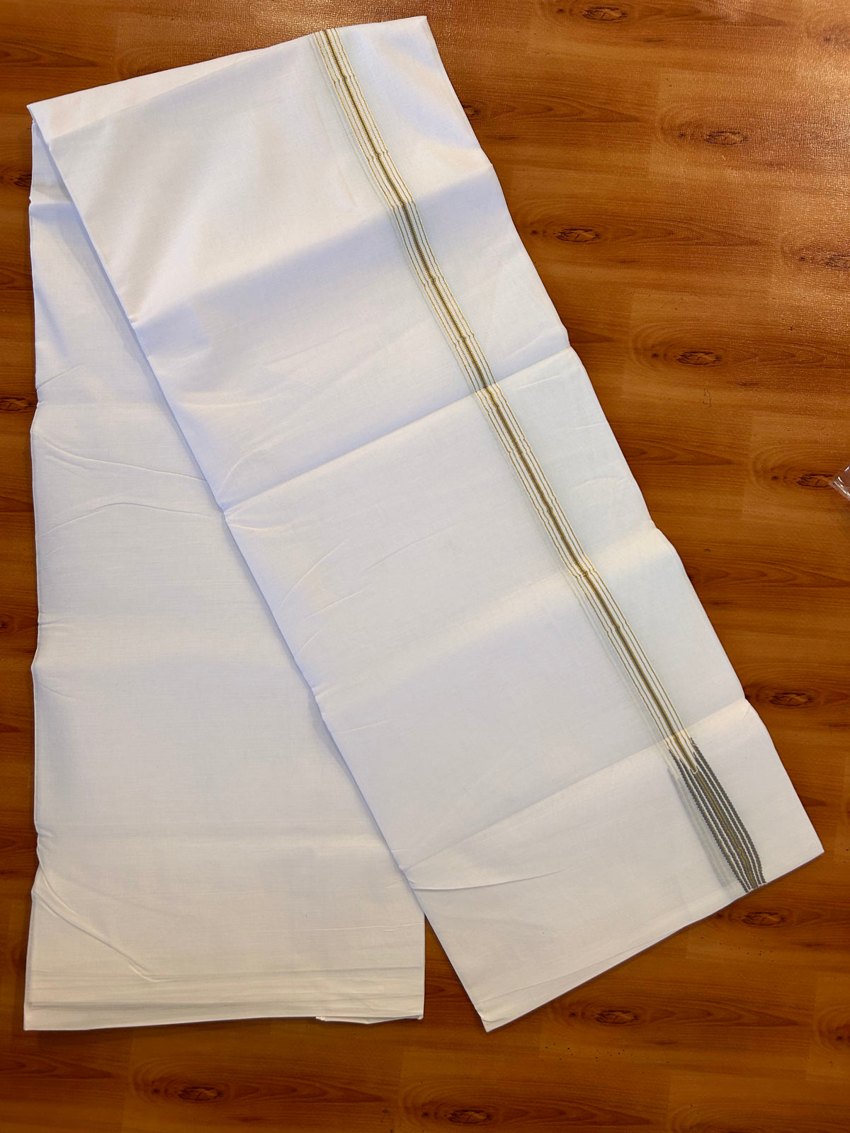 Double Pure white Mundu/Dhoti - 20% Discount! KaithariKada Pulimood- 100% Cotton - 100x100 - 1 inch Puliyilakkara Gold Kasav & Ash Grey 12 Line Chutty 4 m (8.5 muzham) - 21 KK5534 ASH