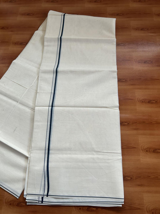 20% Discount! KaithariKada Balaramapuram 100% Cotton Double Off white - (Unbleached) - Mundu/Dhoti-100x80 - 0.3 cm Dark Peacock Blue Thin Kara 4 mtr (8.5 Muzham) - 81 KK5382 VIN