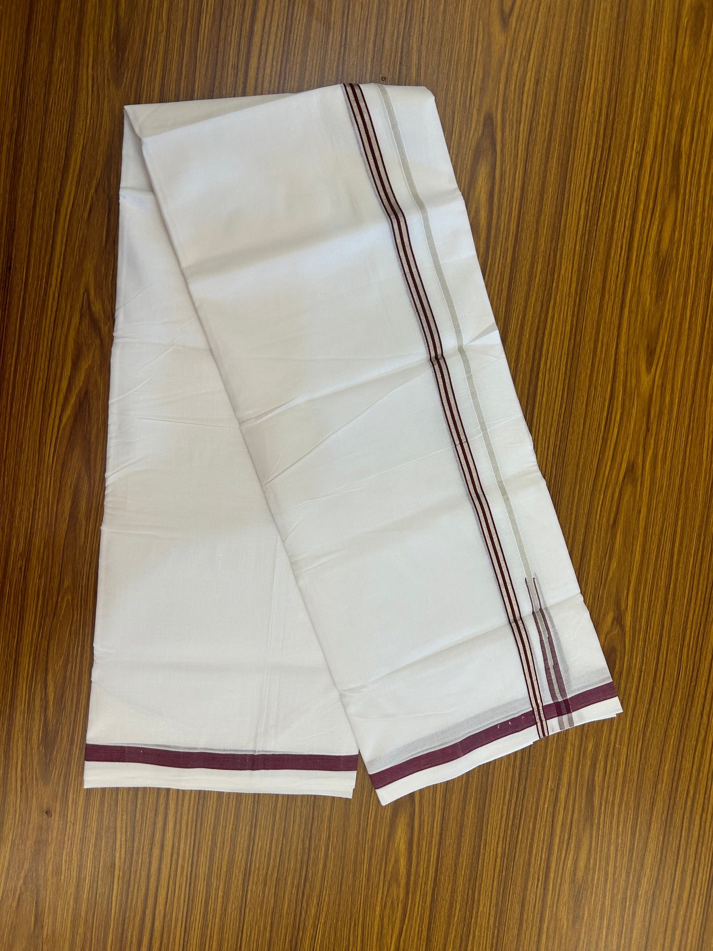 25% Discount ! KaithariKada Handloom Millpaav - Kerala Handloom - 100% Pure Cotton Double Mundu/Dhoti Pure white - 80x90 - 1.5 cm Silver Kasav & Maroon Stripes Puliyilakkara Chutty 3.80 mtr (8 Muzham) - 30 KK5369 YAR