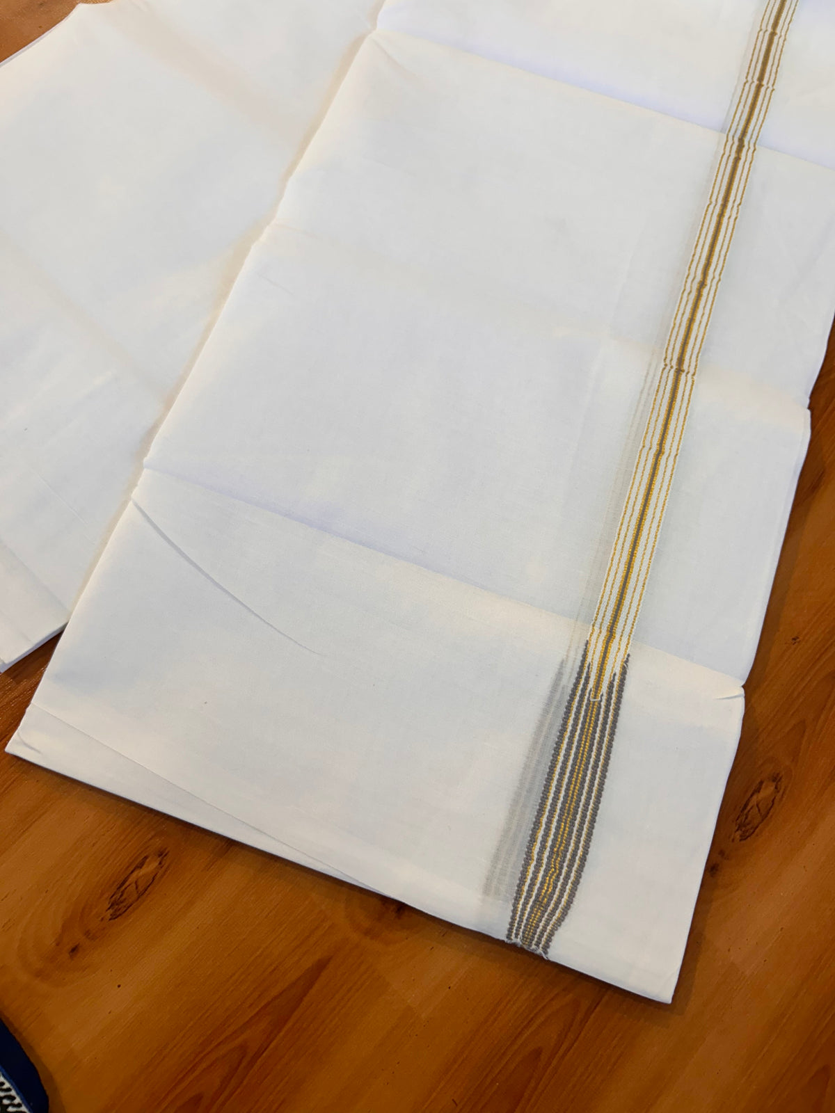 Double Pure white Mundu/Dhoti - 20% Discount! KaithariKada Pulimood- 100% Cotton - 100x100 - 1 inch Puliyilakkara Gold Kasav & Ash Grey 12 Line Chutty 4 m (8.5 muzham) - 21 KK5534 ASH