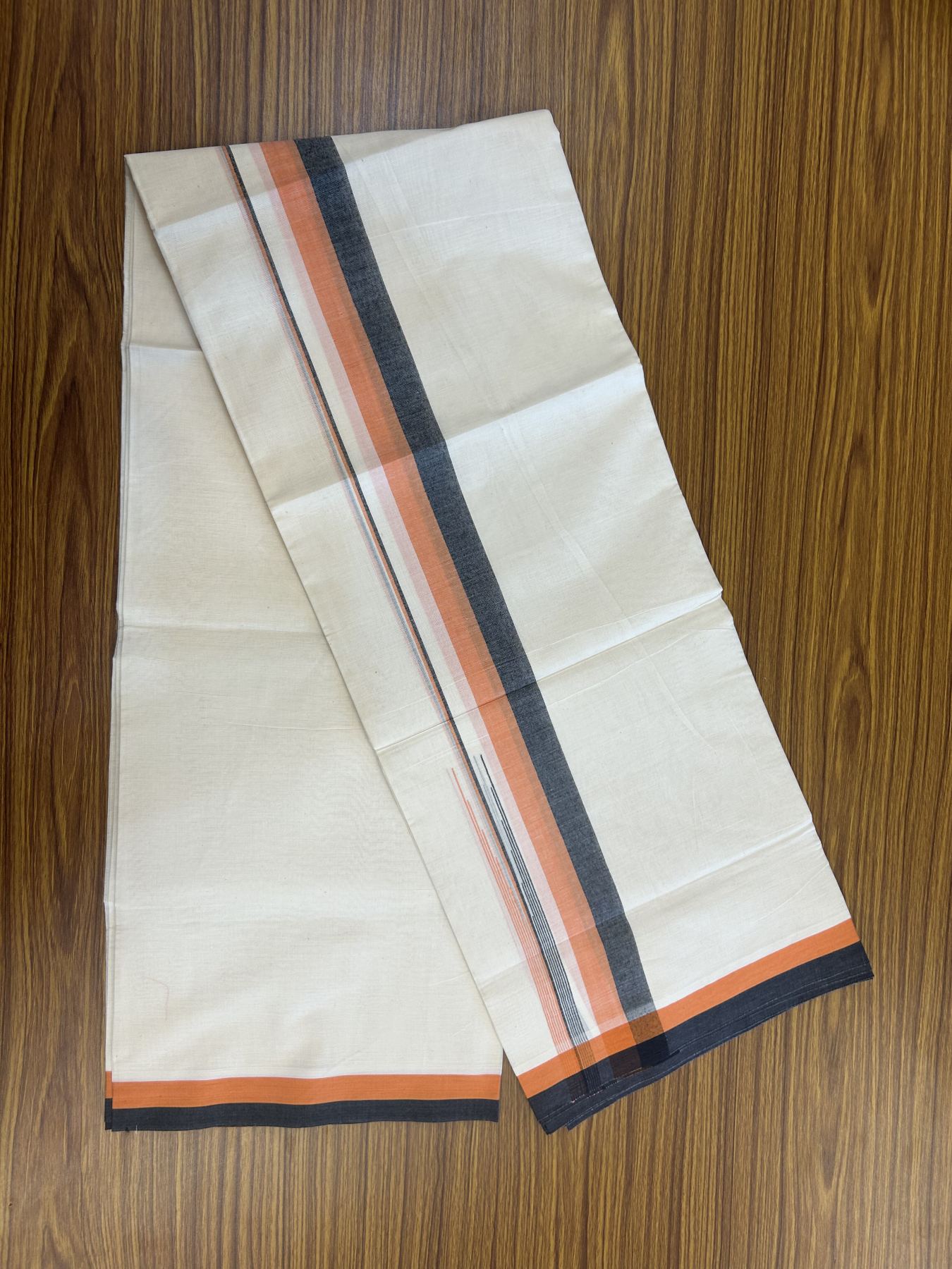 20% Discount ! Kaitharikada Balaramapuram 100% Pure Cotton Double Off white (Unbleached) Mundu/Dhoti - 100x80 - 1.5 inch Black & Orange Shaded Stripes Chutty Kara 3.90 mtr (8 muzham) - 21 KK5313 PMC