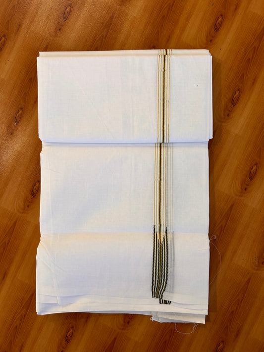 Double Pure white Mundu/Dhoti - 20% Discount! KaithariKada Pulimood- 100% Cotton - 100x100 - 1 inch Puliyilakkara Gold Kasav & Fern Green 12 Line Chutty 4 m (8.5 muzham) - 19 KK5534 ASH