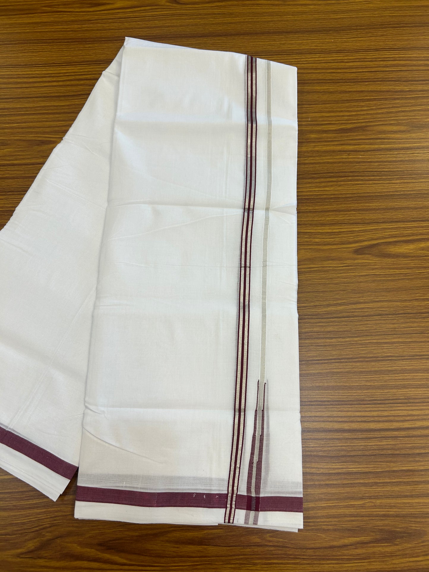 25% Discount ! KaithariKada Handloom Millpaav - Kerala Handloom - 100% Pure Cotton Double Mundu/Dhoti Pure white - 80x90 - 1.5 cm Silver Kasav & Maroon Stripes Puliyilakkara Chutty 3.80 mtr (8 Muzham) - 30 KK5369 YAR