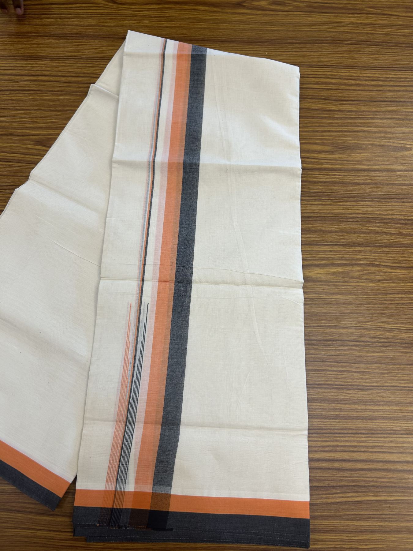 20% Discount ! Kaitharikada Balaramapuram 100% Pure Cotton Double Off white (Unbleached) Mundu/Dhoti - 100x80 - 1.5 inch Black & Orange Shaded Stripes Chutty Kara 3.90 mtr (8 muzham) - 21 KK5313 PMC
