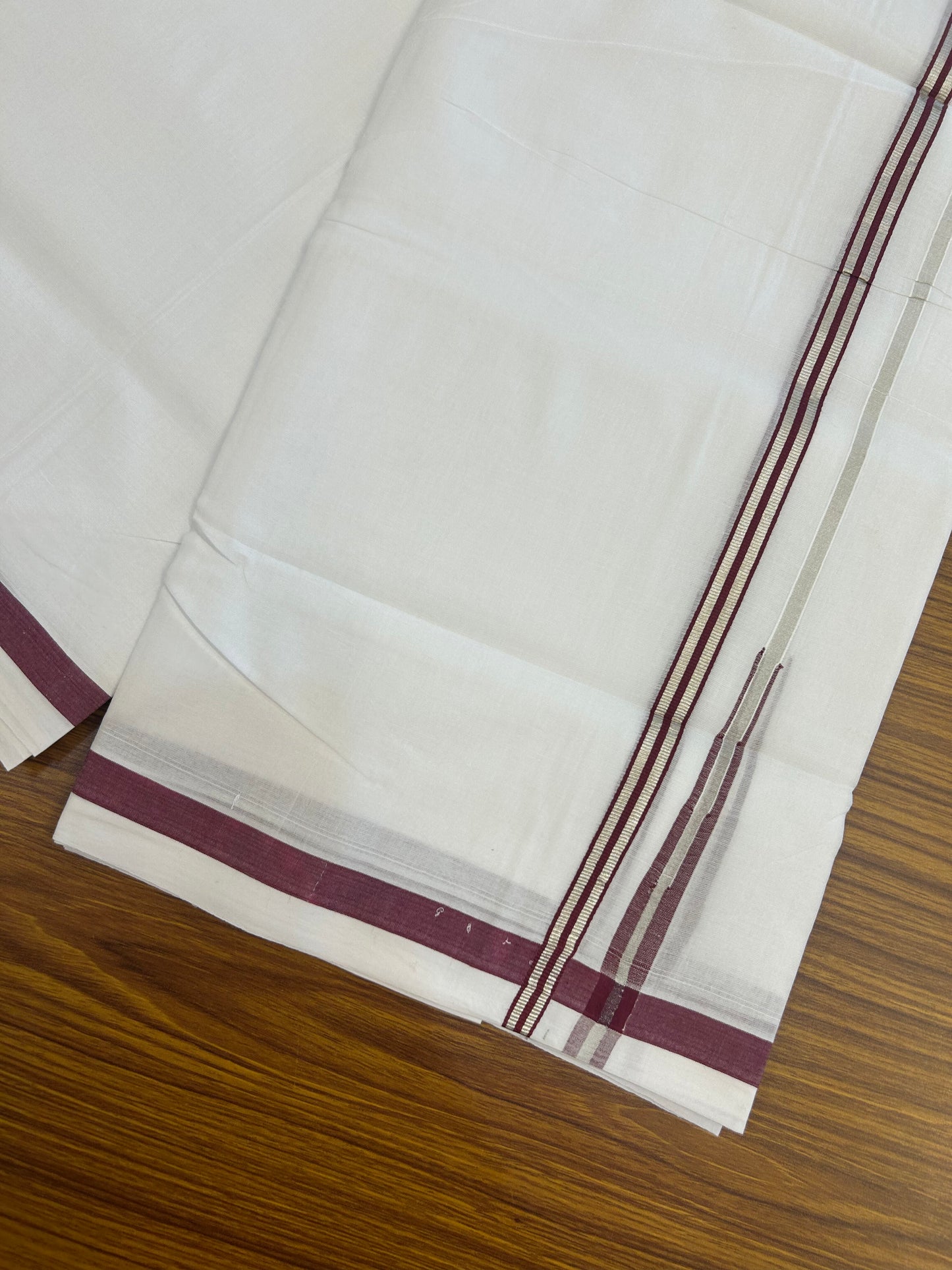 25% Discount ! KaithariKada Handloom Millpaav - Kerala Handloom - 100% Pure Cotton Double Mundu/Dhoti Pure white - 80x90 - 1.5 cm Silver Kasav & Maroon Stripes Puliyilakkara Chutty 3.80 mtr (8 Muzham) - 30 KK5369 YAR