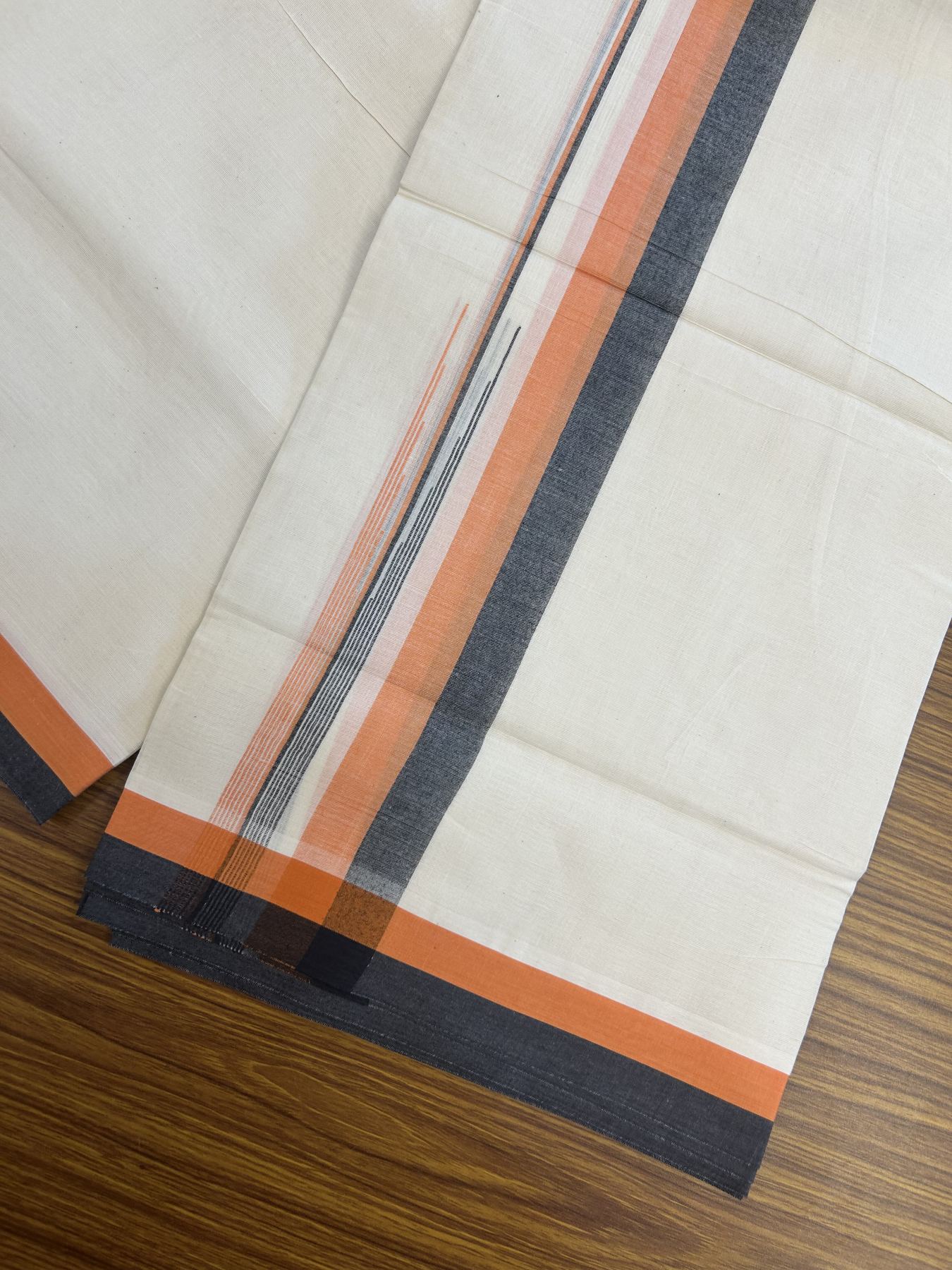 20% Discount ! Kaitharikada Balaramapuram 100% Pure Cotton Double Off white (Unbleached) Mundu/Dhoti - 100x80 - 1.5 inch Black & Orange Shaded Stripes Chutty Kara 3.90 mtr (8 muzham) - 21 KK5313 PMC