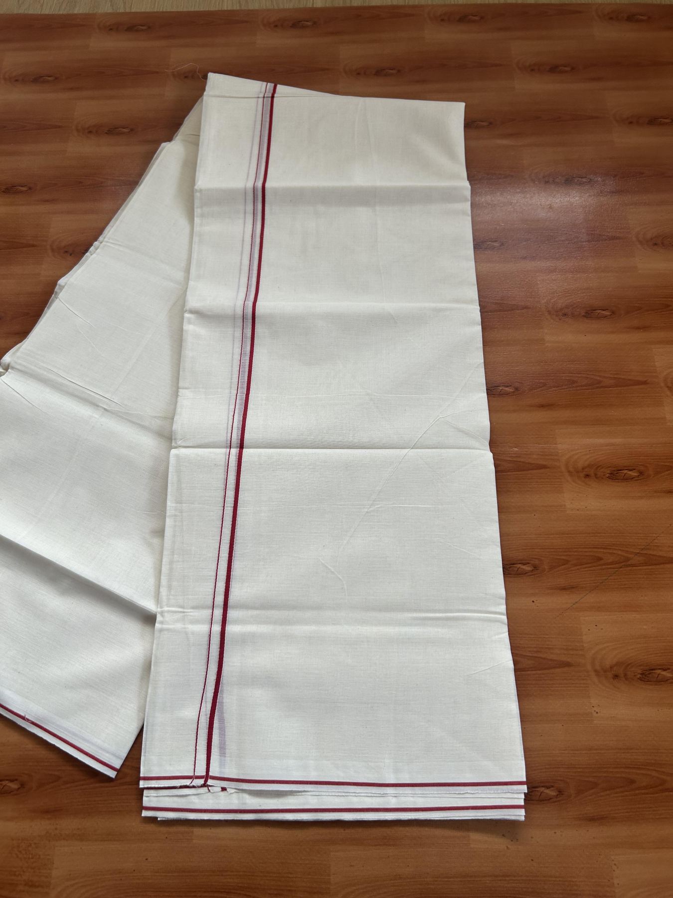 20% Discount! KaithariKada Balaramapuram 100% Cotton Double Off white - (Unbleached) - Mundu/Dhoti-100x80 - 0.3 cm Red Thin Kara 4 mtr (8.5 Muzham) - 84 KK5382 VIN