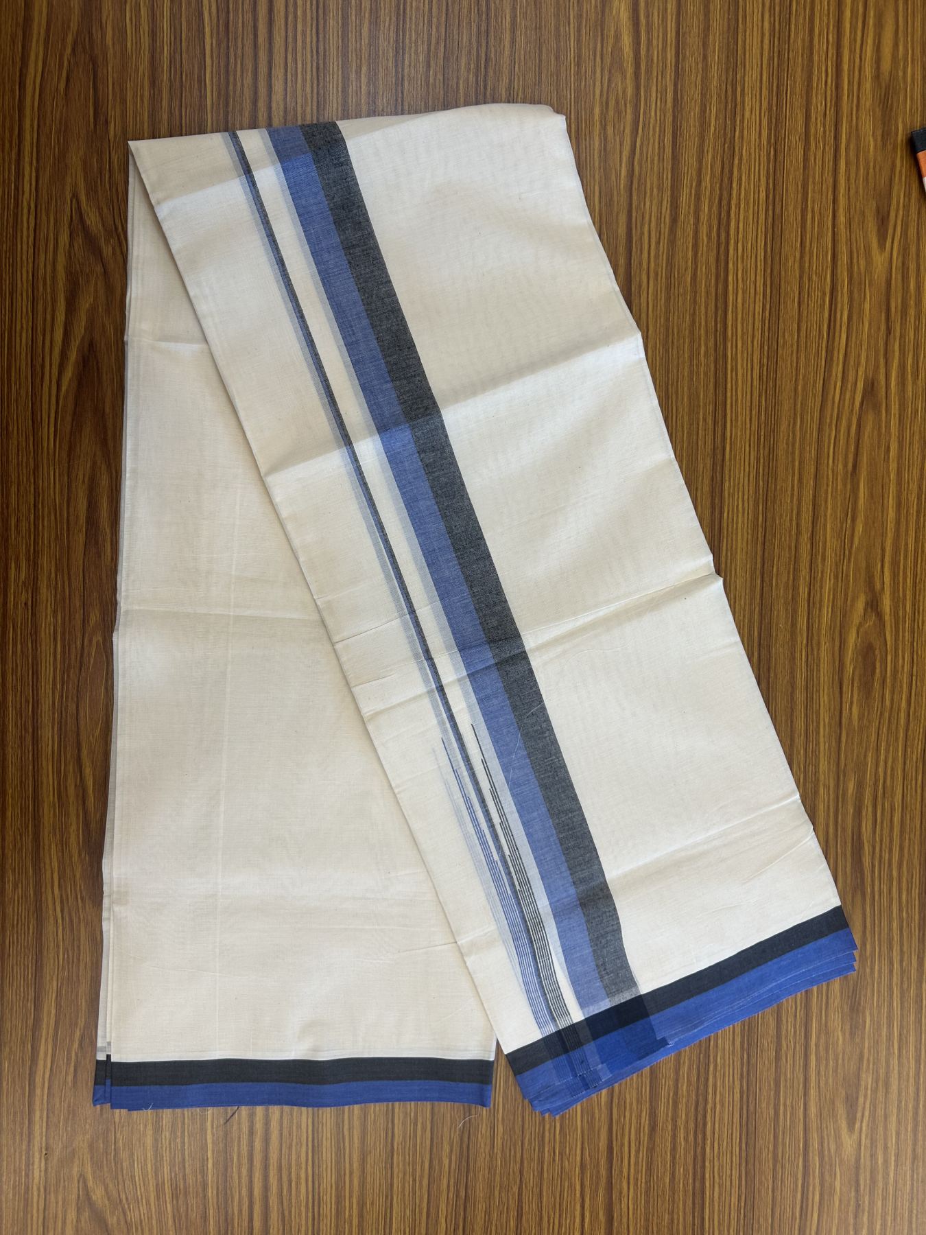 20% Discount ! Kaitharikada Balaramapuram 100% Pure Cotton Double Off white (Unbleached) Mundu/Dhoti - 100x80 - 1.5 inch Black & Blue Shaded Stripes Chutty Kara 3.90 mtr (8 muzham) - 22 KK5313 PMC