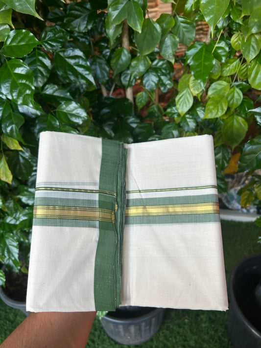 25% Discount! KaithariKada Handloom Millpaav Balaramapuram - Cotton Double Mundu/Dhoti Off white (Unbleached) - 80x90 - 1.5 inch Kasav & Green shaded striped Kara 3.60 meter (8 Muzham) - 67 KK5256 RAM