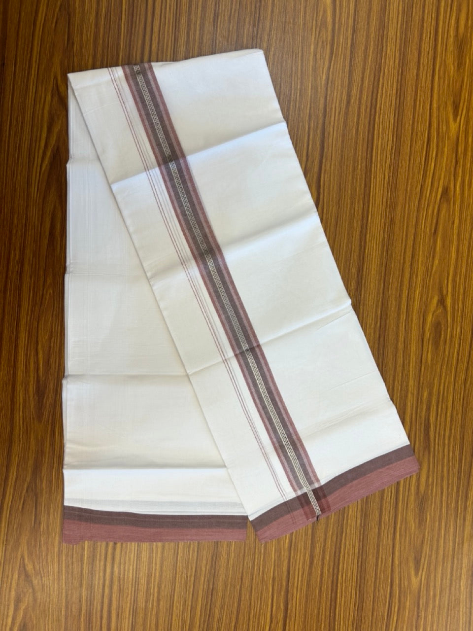 20% Discount! KaithariKada Balaramapuram 100% Cotton Double Pure white Mundu/Dhoti- 100X80 - 1.5 inch Silver kasav Dark Peach & Brown striped Shaded kara - 3.90mtr ( 8 muzham) - 32 KK5280 VIN