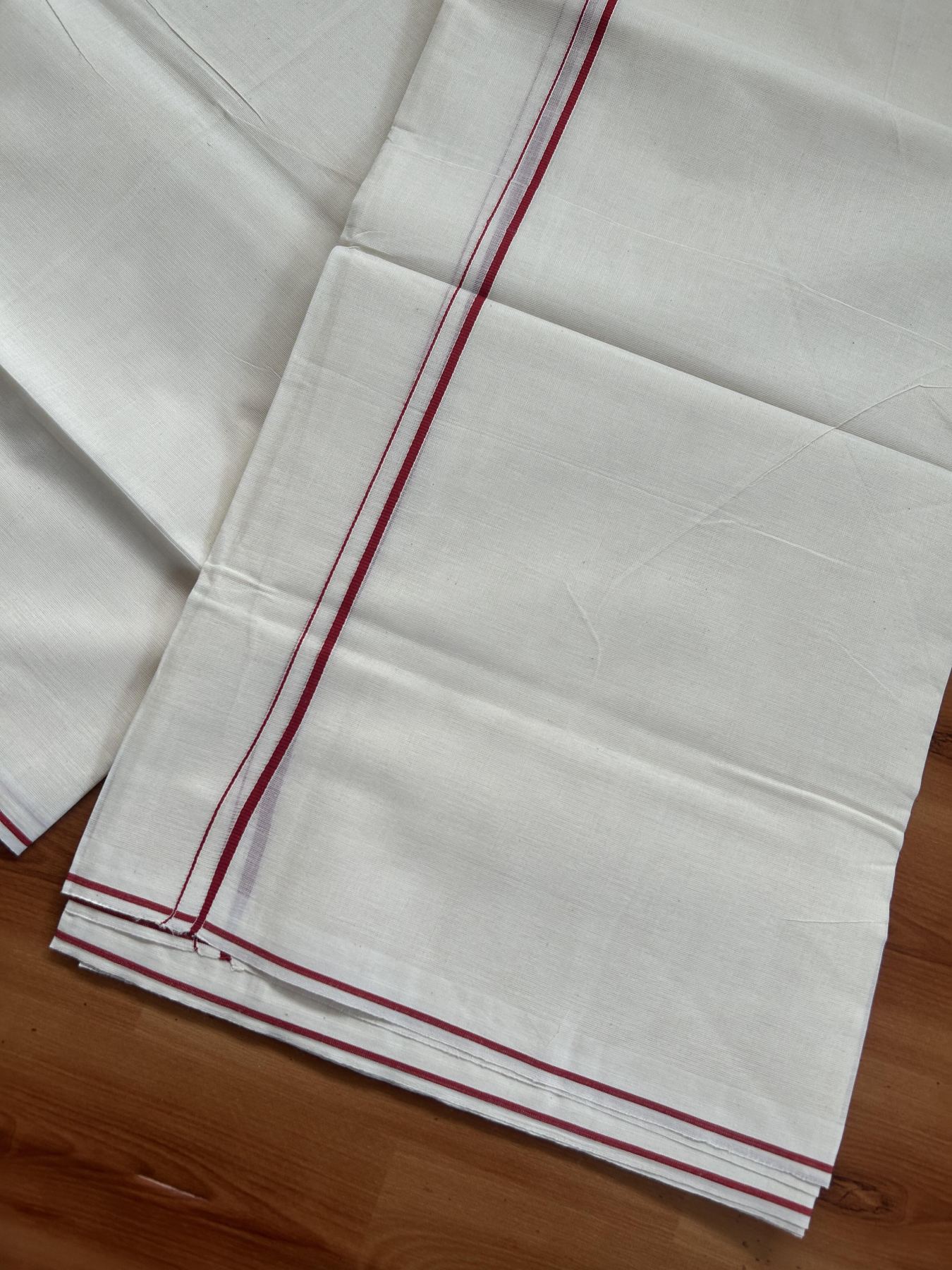 20% Discount! KaithariKada Balaramapuram 100% Cotton Double Off white - (Unbleached) - Mundu/Dhoti-100x80 - 0.3 cm Red Thin Kara 4 mtr (8.5 Muzham) - 84 KK5382 VIN