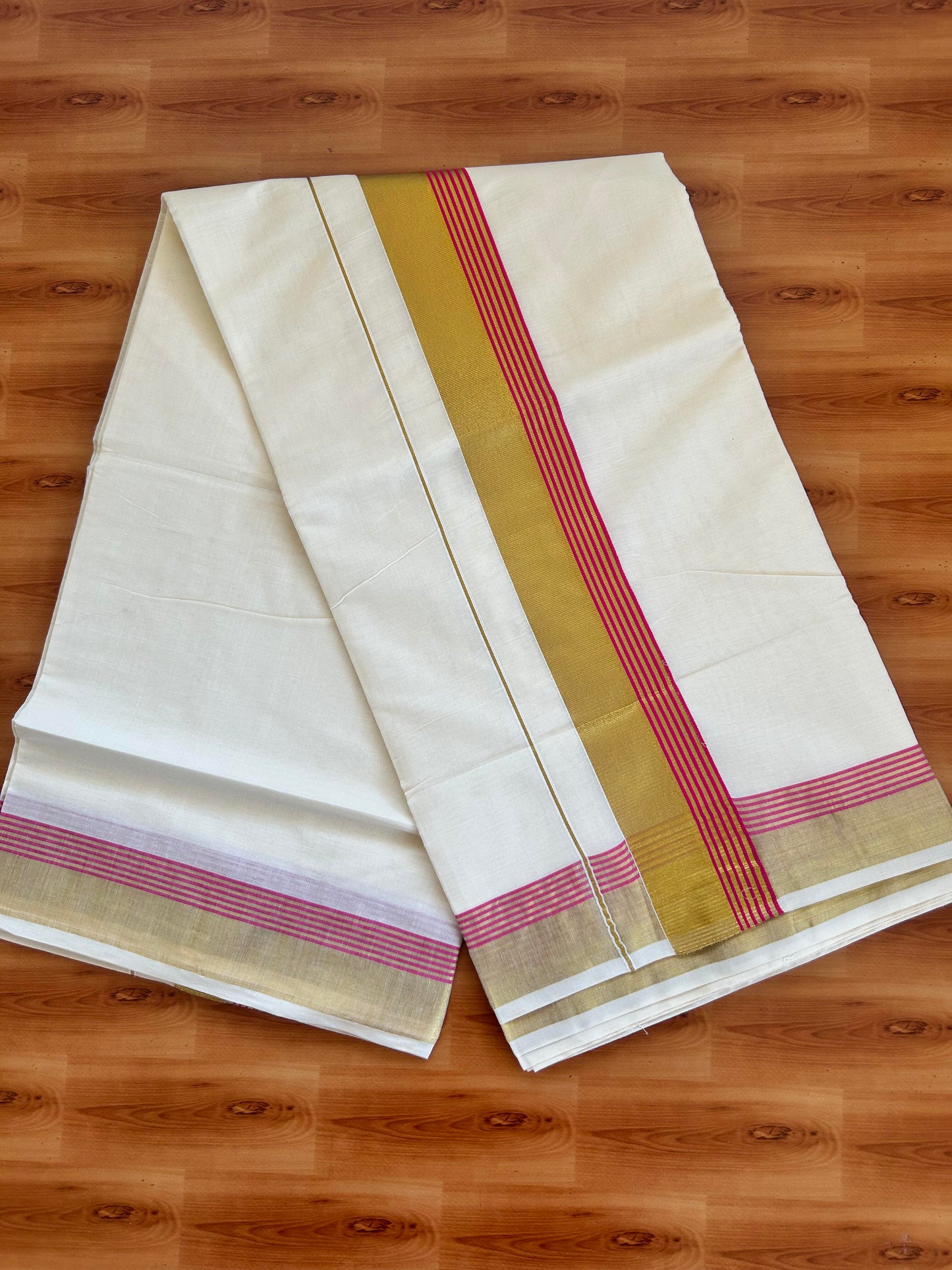 25% Discount! Kaitharikada Kerala Traditional Saree Off white- Mixed Cotton Kasavu Saree - 2.75 Inch  Pallu - Gold Kasav & Magenta Striped Kara - 30 KK7000 PMC