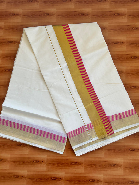 25% Discount! Kaitharikada Kerala Traditional Saree Off white- Mixed Cotton Kasavu Saree - 2.75 Inch  Pallu - Gold Kasav & Magenta Striped Kara - 30 KK7000 PMC