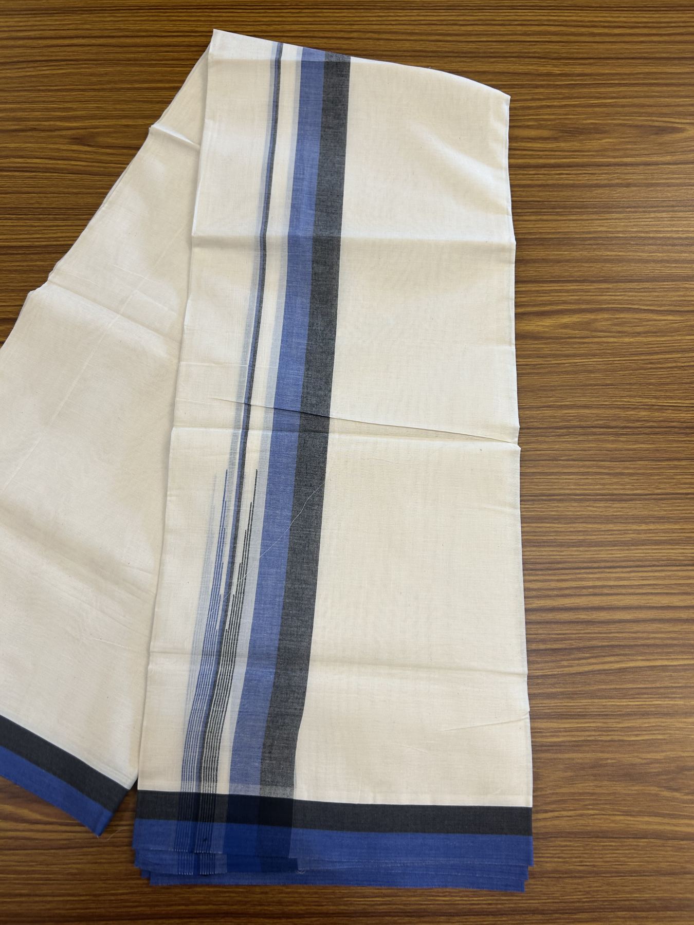 20% Discount ! Kaitharikada Balaramapuram 100% Pure Cotton Double Off white (Unbleached) Mundu/Dhoti - 100x80 - 1.5 inch Black & Blue Shaded Stripes Chutty Kara 3.90 mtr (8 muzham) - 22 KK5313 PMC