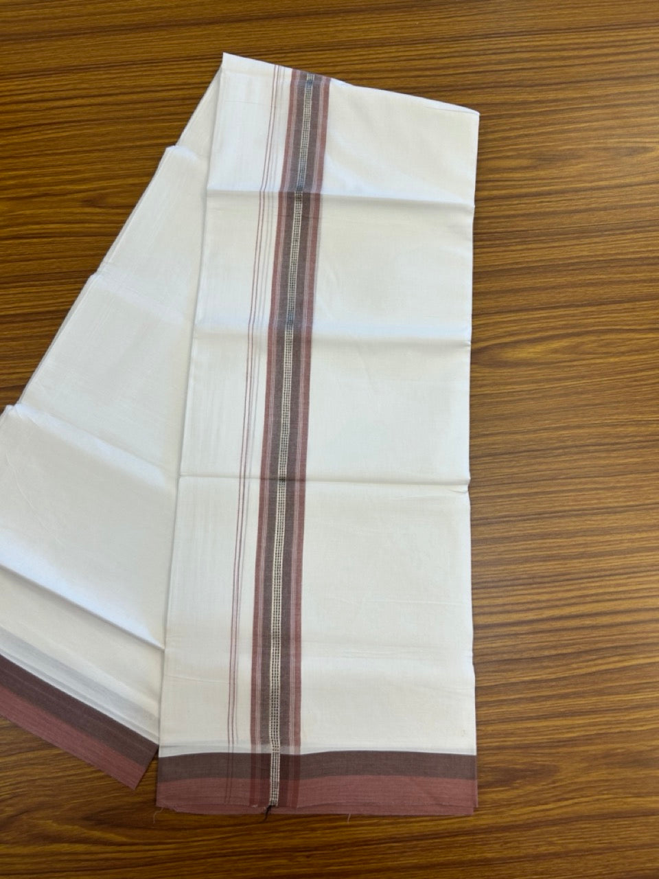 20% Discount! KaithariKada Balaramapuram 100% Cotton Double Pure white Mundu/Dhoti- 100X80 - 1.5 inch Silver kasav Dark Peach & Brown striped Shaded kara - 3.90mtr ( 8 muzham) - 32 KK5280 VIN