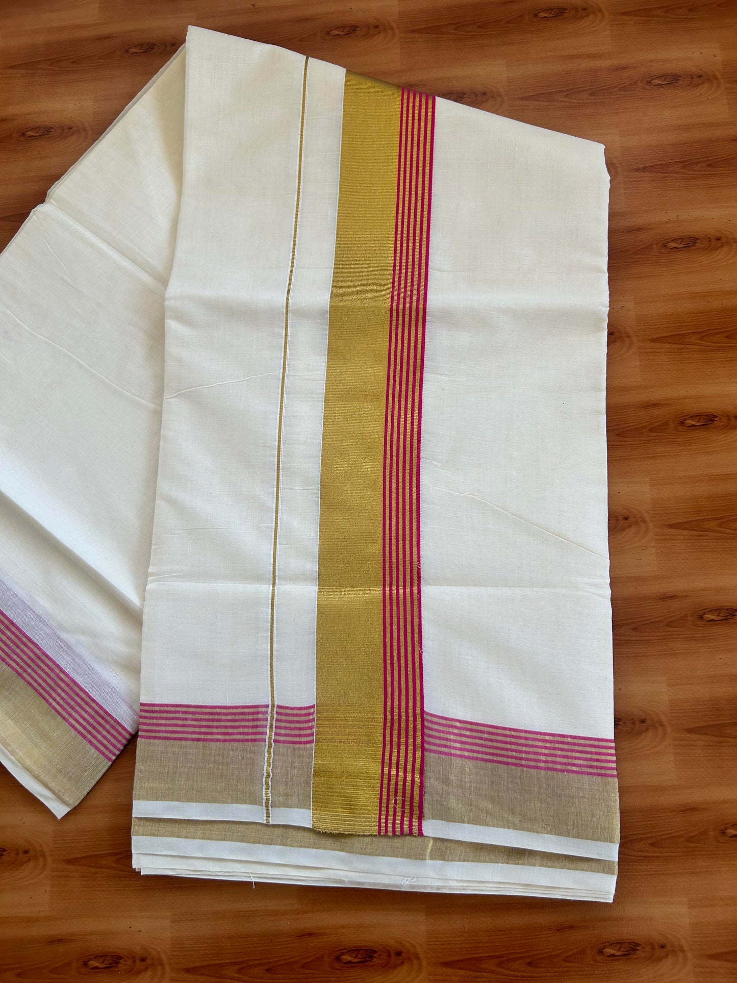 25% Discount! Kaitharikada Kerala Traditional Saree Off white- Mixed Cotton Kasavu Saree - 2.75 Inch  Pallu - Gold Kasav & Magenta Striped Kara - 30 KK7000 PMC