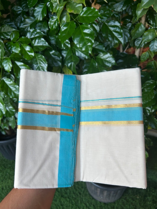 25% Discount! KaithariKada Handloom Millpaav Balaramapuram - Cotton Double Mundu/Dhoti Off white (Unbleached) - 80x90 - 1.5 inch Kasav & Turquoise blue Kara 3.60 meter (8 Muzham) - 60 KK5256 RAM