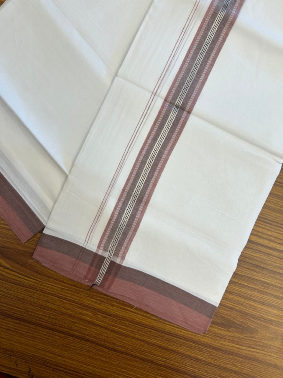 20% Discount! KaithariKada Balaramapuram 100% Cotton Double Pure white Mundu/Dhoti- 100X80 - 1.5 inch Silver kasav Dark Peach & Brown striped Shaded kara - 3.90mtr ( 8 muzham) - 32 KK5280 VIN
