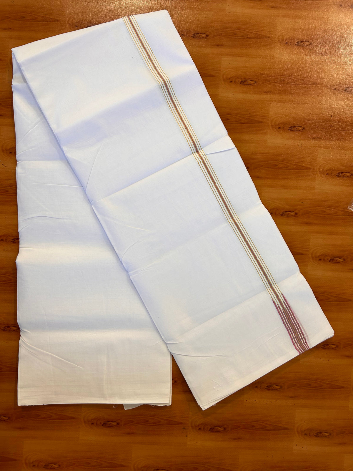 Double Pure white Mundu/Dhoti - 20% Discount! KaithariKada Pulimood- 100% Cotton - 100x100 - 1 inch Puliyilakkara Gold Kasav & Lavender Pink 12 Line Chutty 4 m (8.5 muzham) - 20 KK5534 ASH