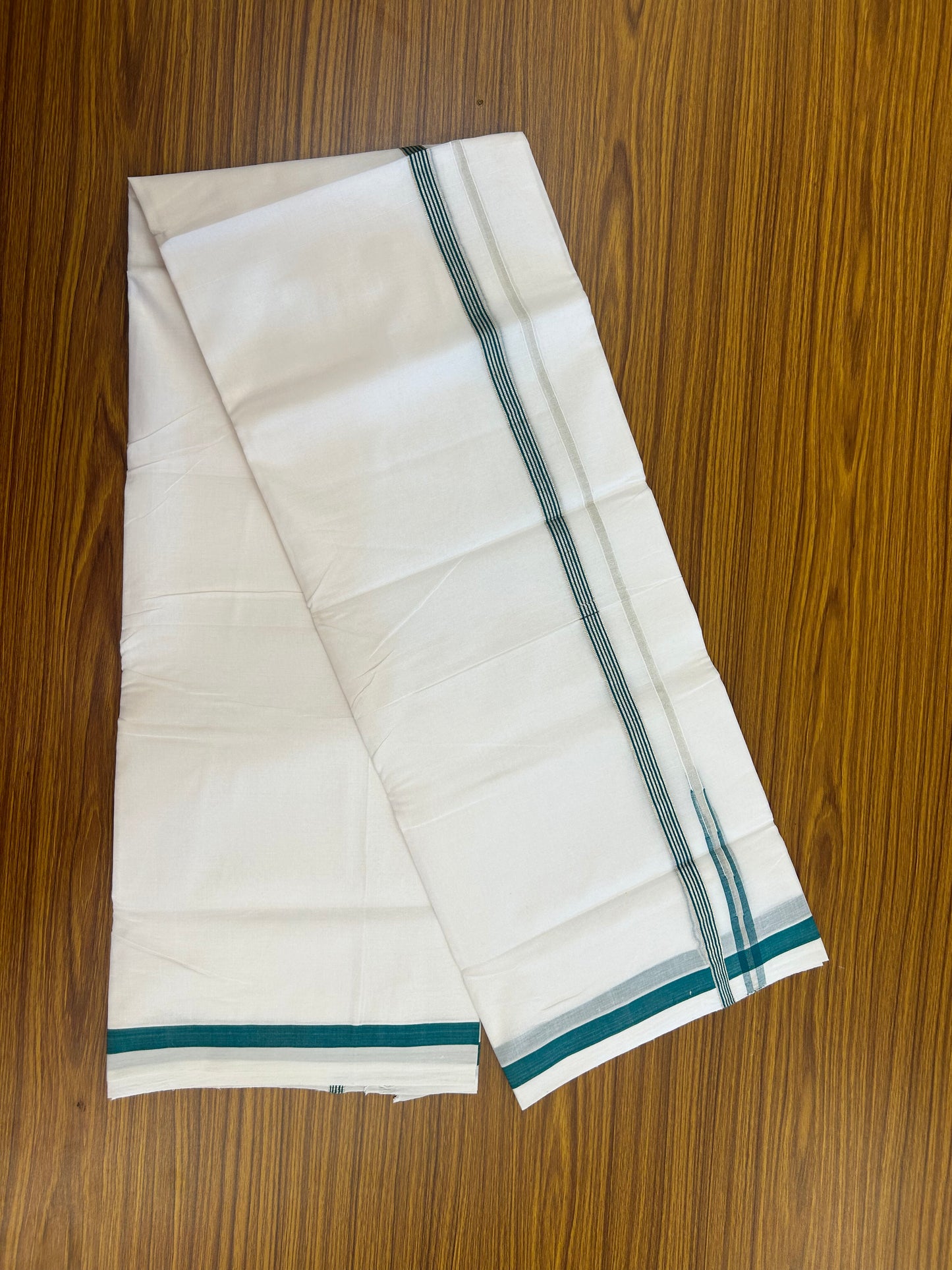 25% Discount ! KaithariKada Handloom Millpaav  - Kerala Handloom - 100% Pure Cotton Double Mundu/Dhoti Pure white - 80x90 - 1.5 cm Silver Kasav & Blue Green Stripes Puliyilakkara Chutty 3.80 mtr (8 Muzham) - 31 KK5369 YAR