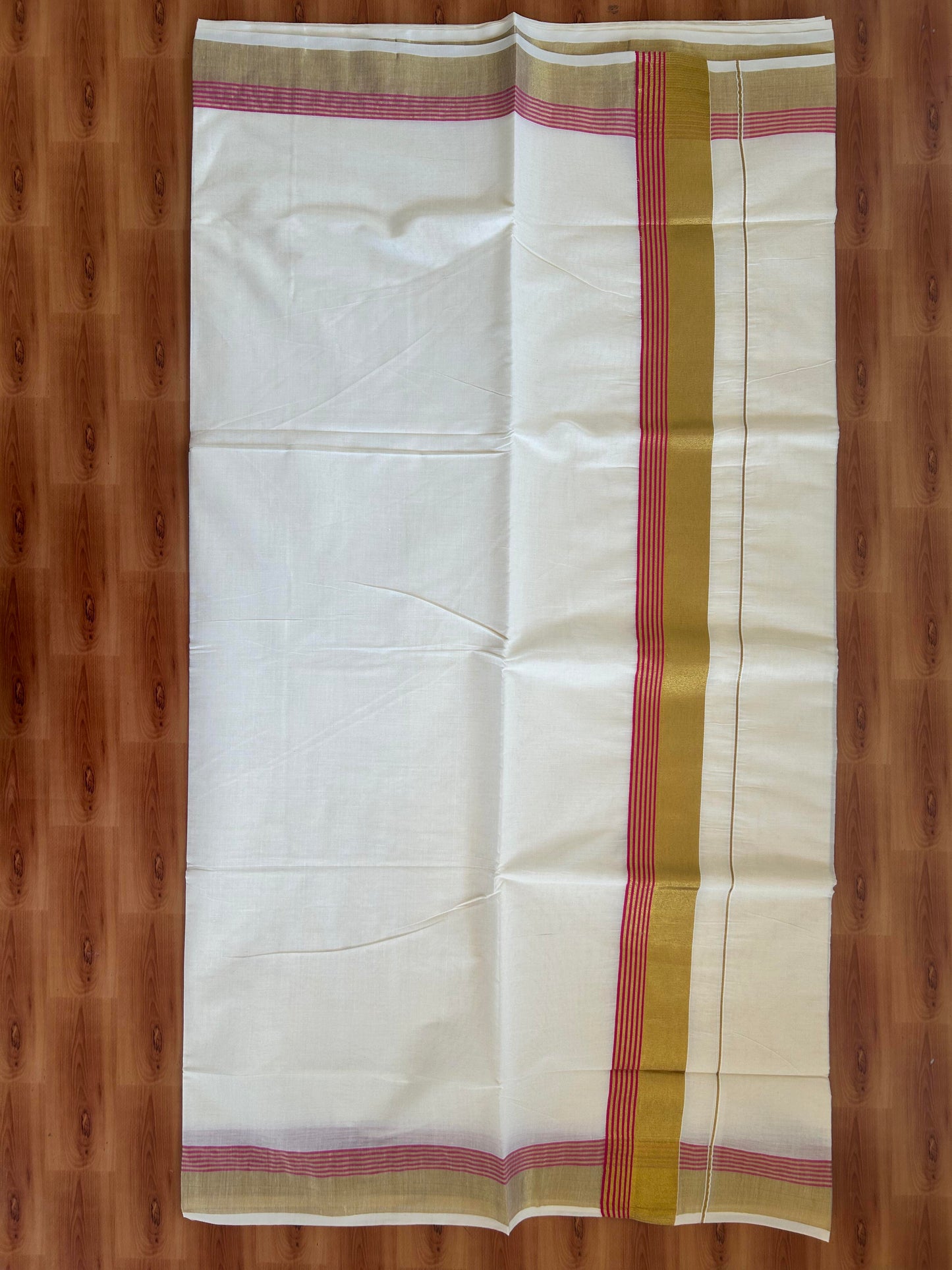 25% Discount! Kaitharikada Kerala Traditional Saree Off white- Mixed Cotton Kasavu Saree - 2.75 Inch  Pallu - Gold Kasav & Magenta Striped Kara - 30 KK7000 PMC