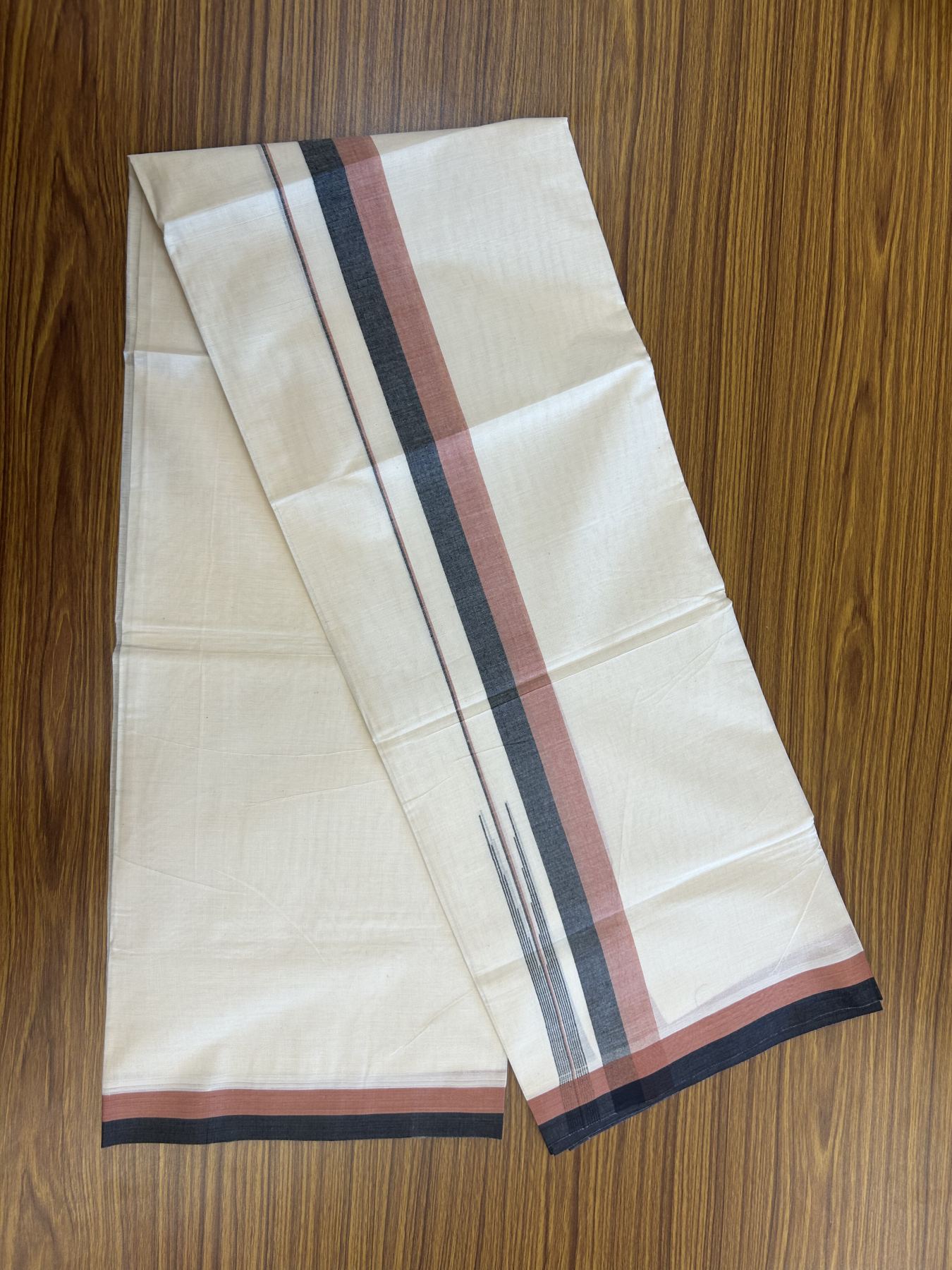20% Discount ! Kaitharikada Balaramapuram 100% Pure Cotton Double Off white (Unbleached) Mundu/Dhoti - 100x80 - 1.5 inch Black & Brick Brown Shaded Stripes Chutty Kara 3.90 mtr (8 muzham) - 23 KK5313 PMC