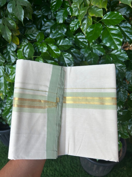 25% Discount! KaithariKada Handloom Millpaav Balaramapuram - Cotton Double Mundu/Dhoti Off white (Unbleached) - 80x90 - 1.75 inch Kasav & Light Pista Green shaded striped Kara 3.60 meter (8 Muzham) - 71 KK5256 RAM