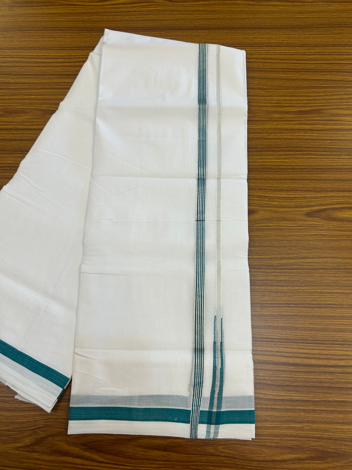 25% Discount ! KaithariKada Handloom Millpaav  - Kerala Handloom - 100% Pure Cotton Double Mundu/Dhoti Pure white - 80x90 - 1.5 cm Silver Kasav & Blue Green Stripes Puliyilakkara Chutty 3.80 mtr (8 Muzham) - 31 KK5369 YAR