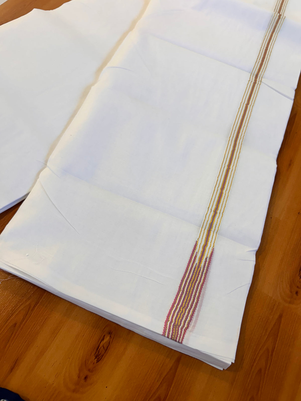 Double Pure white Mundu/Dhoti - 20% Discount! KaithariKada Pulimood- 100% Cotton - 100x100 - 1 inch Puliyilakkara Gold Kasav & Lavender Pink 12 Line Chutty 4 m (8.5 muzham) - 20 KK5534 ASH