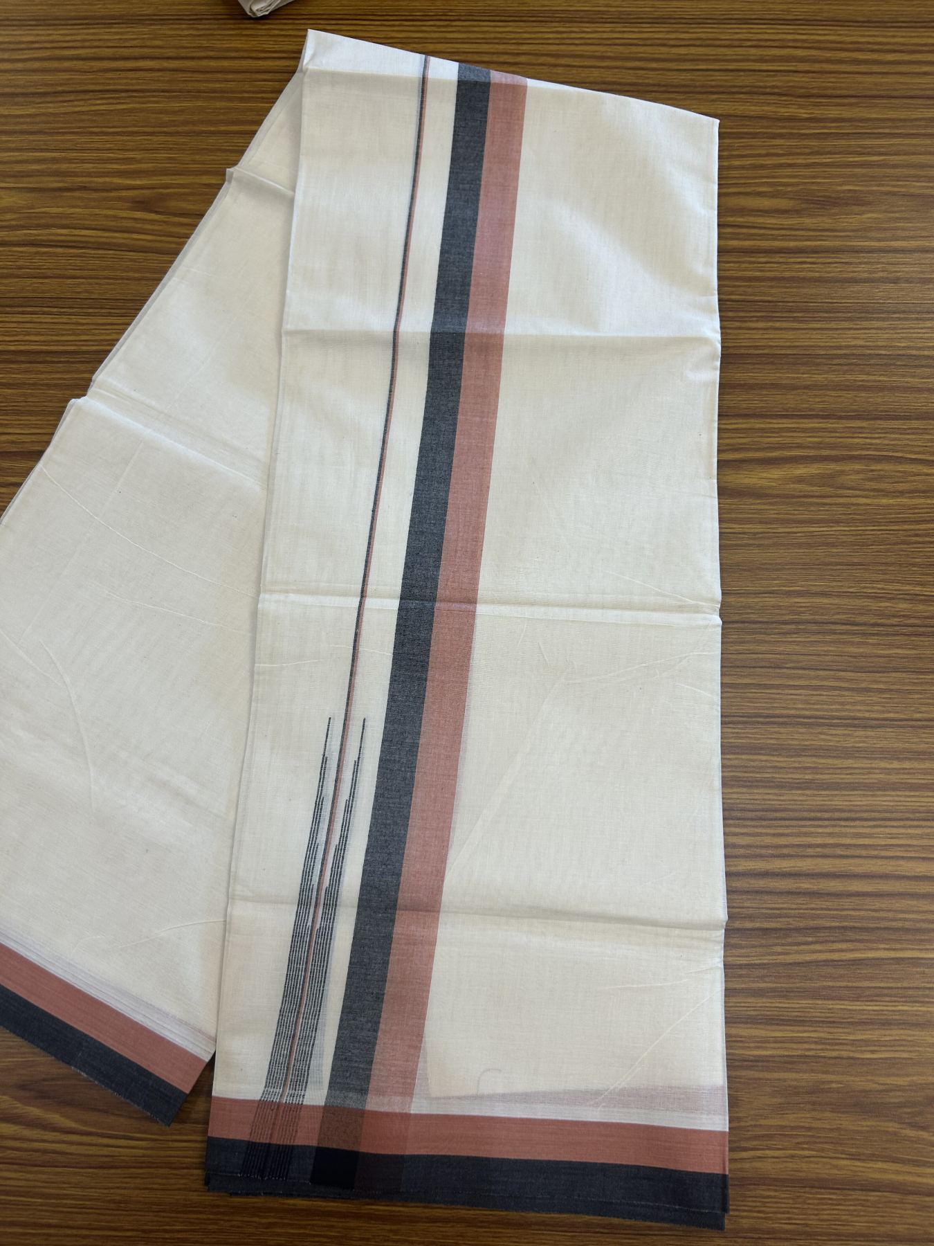 20% Discount ! Kaitharikada Balaramapuram 100% Pure Cotton Double Off white (Unbleached) Mundu/Dhoti - 100x80 - 1.5 inch Black & Brick Brown Shaded Stripes Chutty Kara 3.90 mtr (8 muzham) - 23 KK5313 PMC