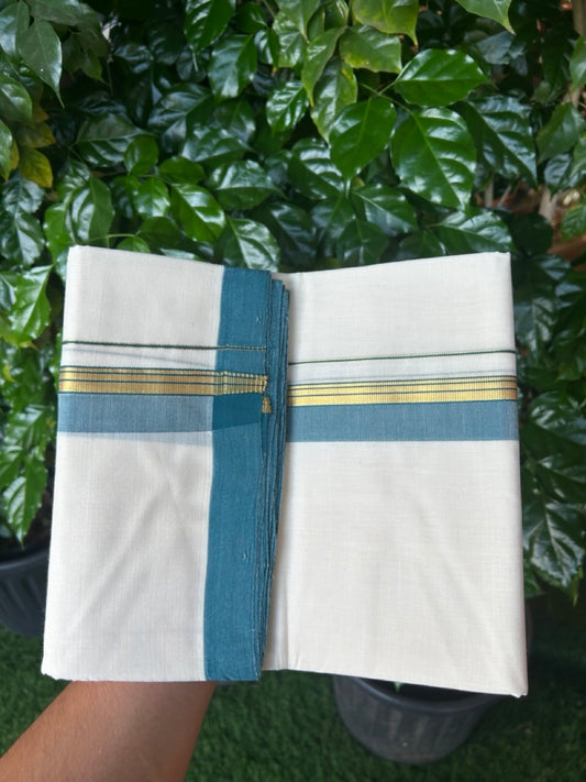 25% Discount! KaithariKada Handloom Millpaav Balaramapuram - Cotton Double Mundu/Dhoti Off white (Unbleached) - 80x90 - 1.25 inch Kasav striped Peacock Green shaded Kara 3.60 meter (8 Muzham) - 79 KK5256 RAM
