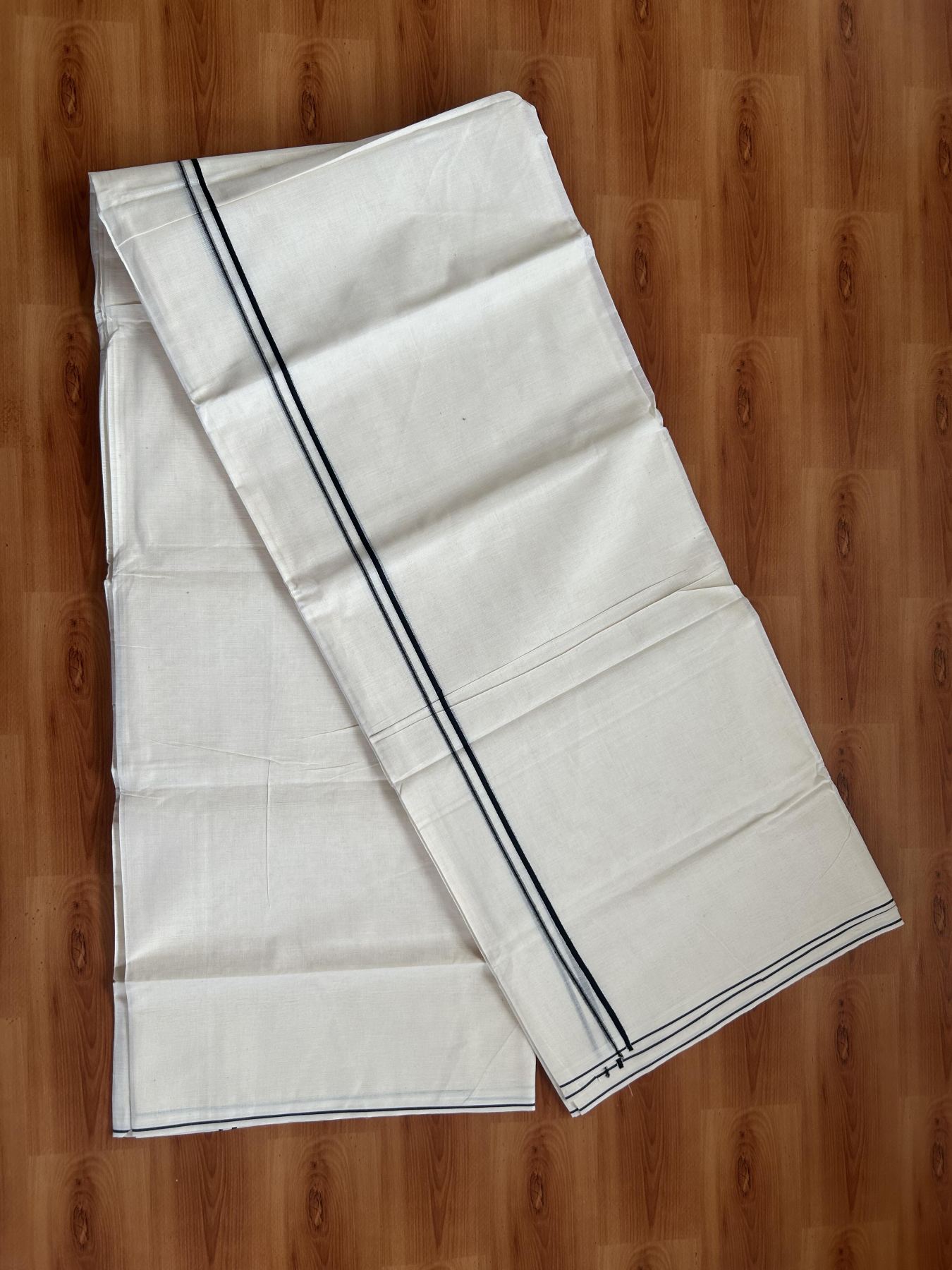 20% Discount! KaithariKada Balaramapuram 100% Cotton Double Off white - (Unbleached) - Mundu/Dhoti-100x80 - 0.3 cm Black Thin Kara 4.23 mtr (9.06 Muzham) - 85 KK5382 VIN