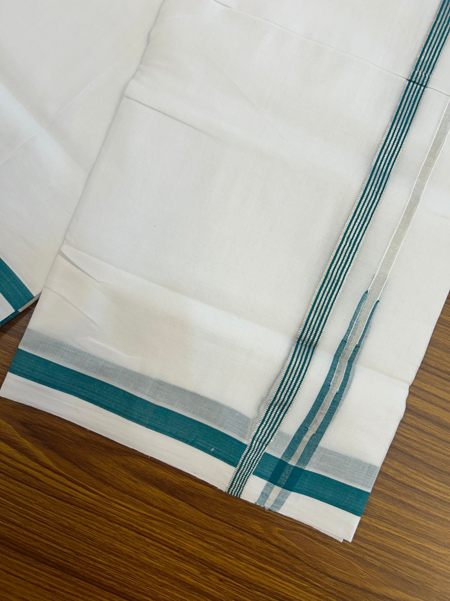 25% Discount ! KaithariKada Handloom Millpaav  - Kerala Handloom - 100% Pure Cotton Double Mundu/Dhoti Pure white - 80x90 - 1.5 cm Silver Kasav & Blue Green Stripes Puliyilakkara Chutty 3.80 mtr (8 Muzham) - 31 KK5369 YAR