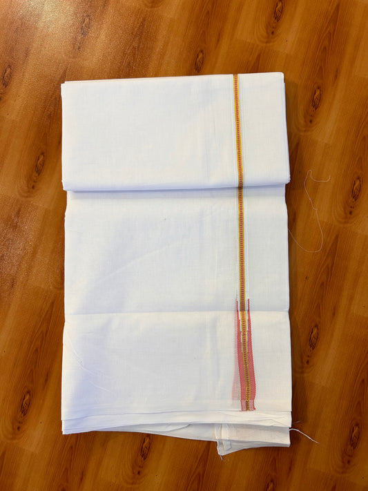 Pure White Double Mundu/Dhoti - 20% Discount! KaithariKada Pulimood - 100% Cotton - 100x100 - 0.75 inch Puliyilakkara Gold Kasav & Peach Muthukuri Chutty 4 mtr (8.5 muzham) - 17 KK5534 ASH
