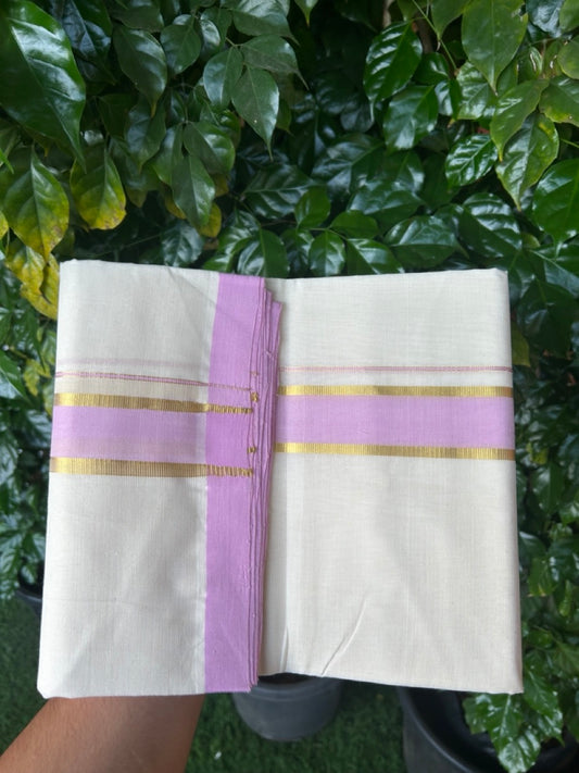 25% Discount! KaithariKada Handloom Millpaav Balaramapuram - Cotton Double Mundu/Dhoti Off white (Unbleached) - 80x90 - 1.5 inch Kasav & Lavender Pink shaded Kara 3.60 meter (8 Muzham) - 62 KK5256 RAM