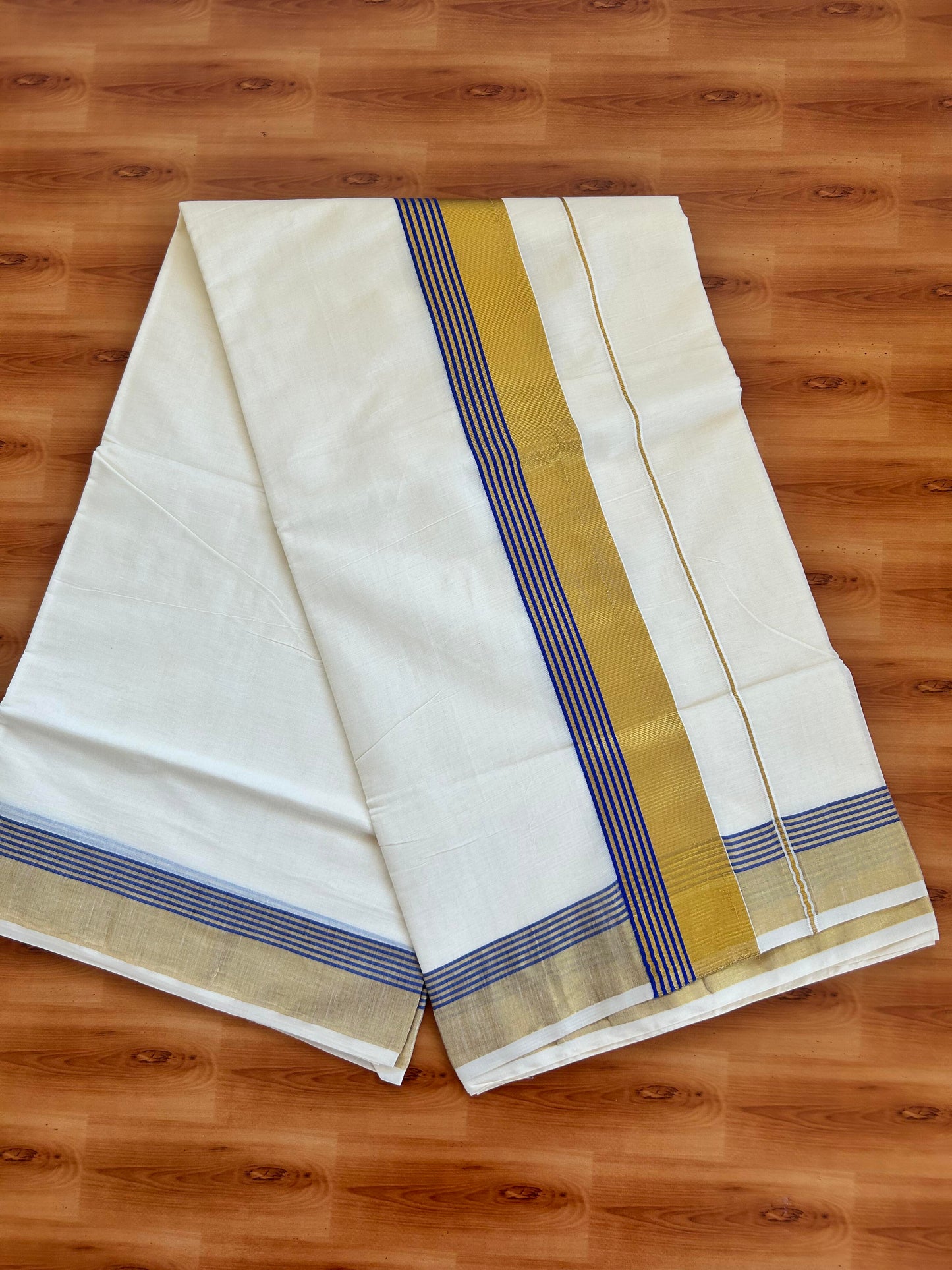25% Discount! Kaitharikada Kerala Traditional Saree Off white- Mixed Cotton Kasavu Saree - 2.75 Inch  Pallu - Gold Kasav & Navy Blue Striped Kara - 31 KK7000 PMC