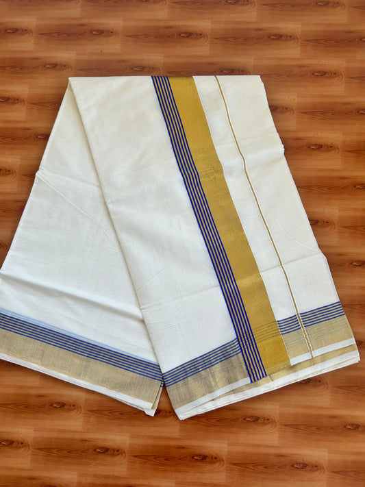 25% Discount! Kaitharikada Kerala Traditional Saree Off white- Mixed Cotton Kasavu Saree - 2.75 Inch  Pallu - Gold Kasav & Navy Blue Striped Kara - 31 KK7000 PMC