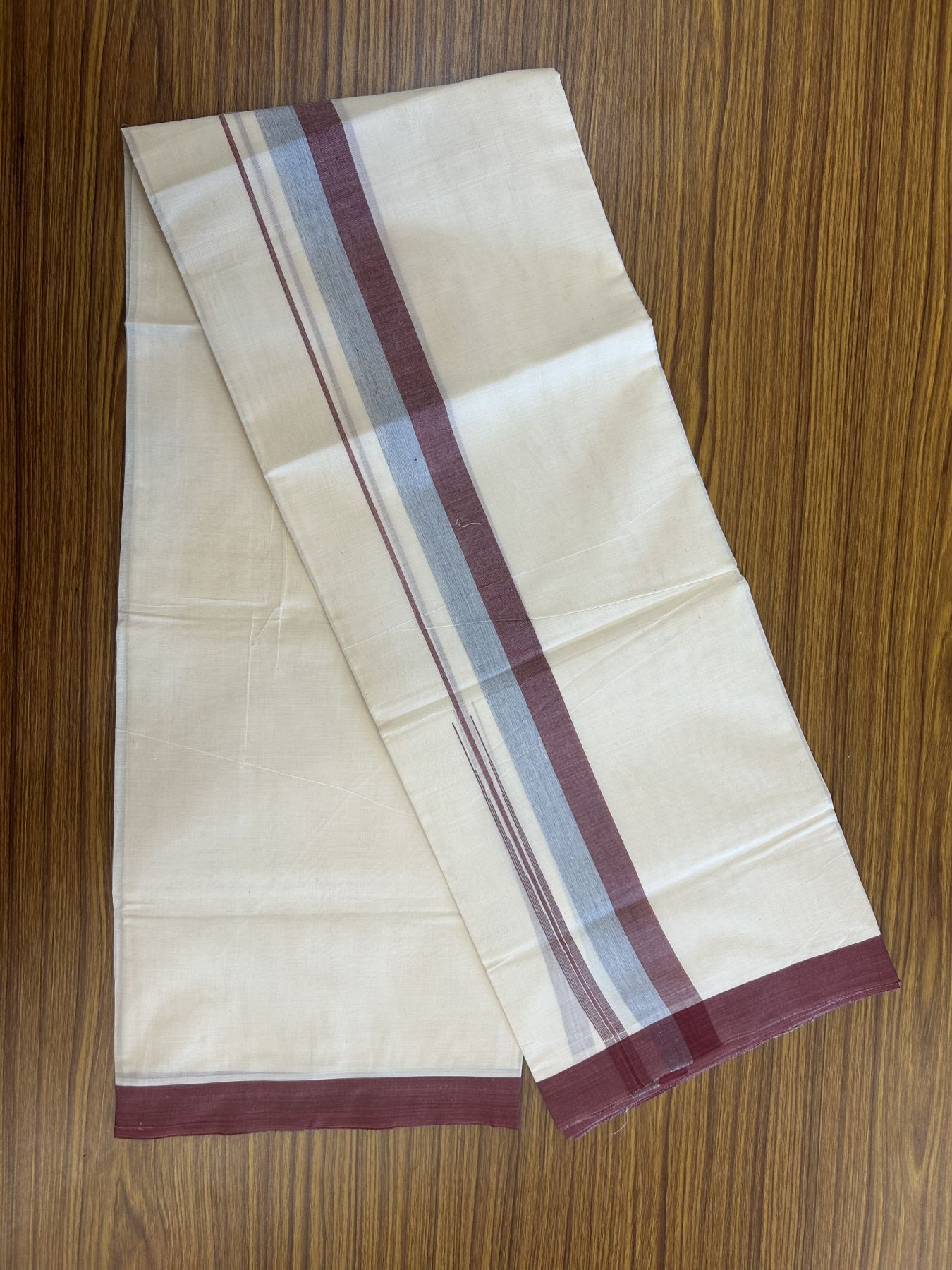 20% Discount ! Kaitharikada Balaramapuram 100% Pure Cotton Double Off white (Unbleached) Mundu/Dhoti - 100x80 - 1.5 inch Maroon & Ash Blue Shaded Stripes Chutty Kara 3.90 mtr (8 muzham) - 24 KK5313 PMC
