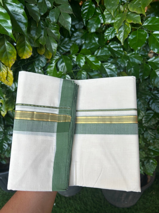 25% Discount! KaithariKada Handloom Millpaav Balaramapuram - Cotton Double Mundu/Dhoti Off white (Unbleached) - 80x90 - 1.5 inch Kasav striped Green shaded Kara 3.60 meter (8 Muzham) - 74 KK5256 RAM