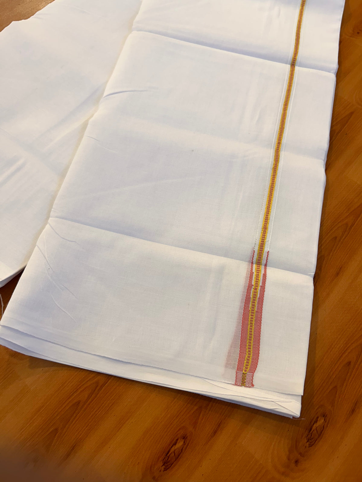 Pure White Double Mundu/Dhoti - 20% Discount! KaithariKada Pulimood - 100% Cotton - 100x100 - 0.75 inch Puliyilakkara Gold Kasav & Peach Muthukuri Chutty 4 mtr (8.5 muzham) - 17 KK5534 ASH
