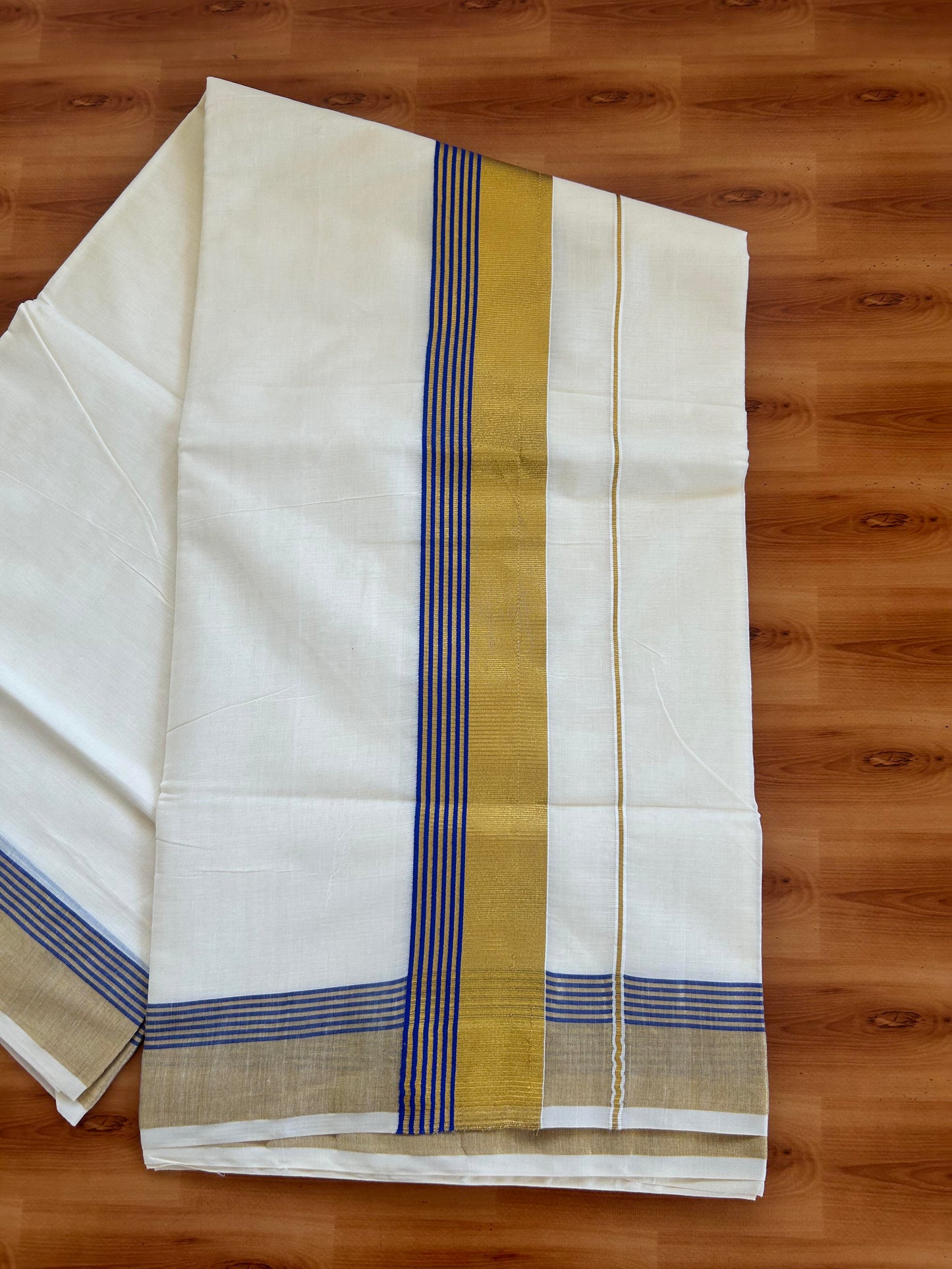 25% Discount! Kaitharikada Kerala Traditional Saree Off white- Mixed Cotton Kasavu Saree - 2.75 Inch  Pallu - Gold Kasav & Navy Blue Striped Kara - 31 KK7000 PMC