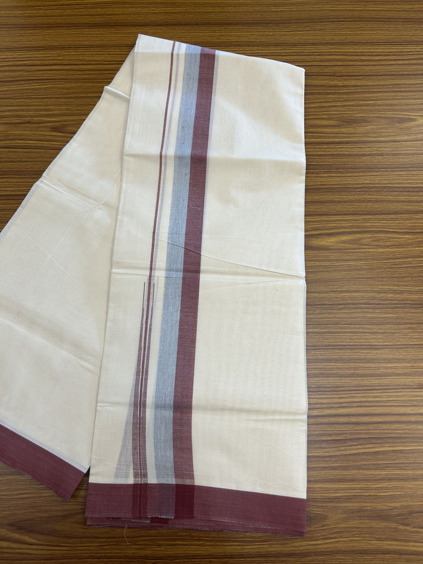 20% Discount ! Kaitharikada Balaramapuram 100% Pure Cotton Double Off white (Unbleached) Mundu/Dhoti - 100x80 - 1.5 inch Maroon & Ash Blue Shaded Stripes Chutty Kara 3.90 mtr (8 muzham) - 24 KK5313 PMC